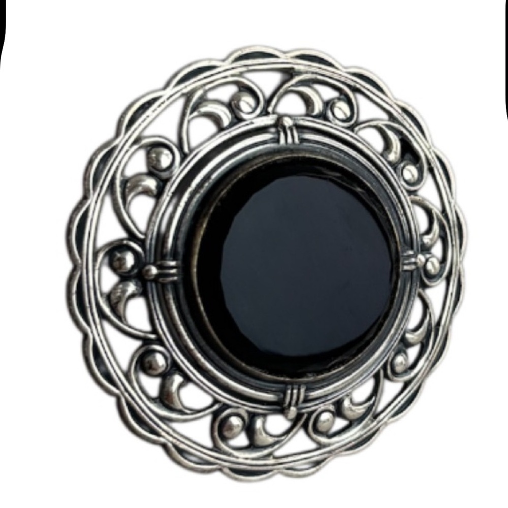 Vintage Sterling Silver Brooch Pin Onyx Black Stone Ornate Scrolled Filigree - Picture 3 of 15